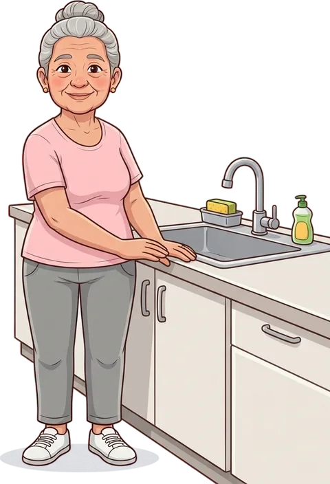 Ilustração de uma senhora sorrindo, com as mãos apoiadas na pia da cozinha